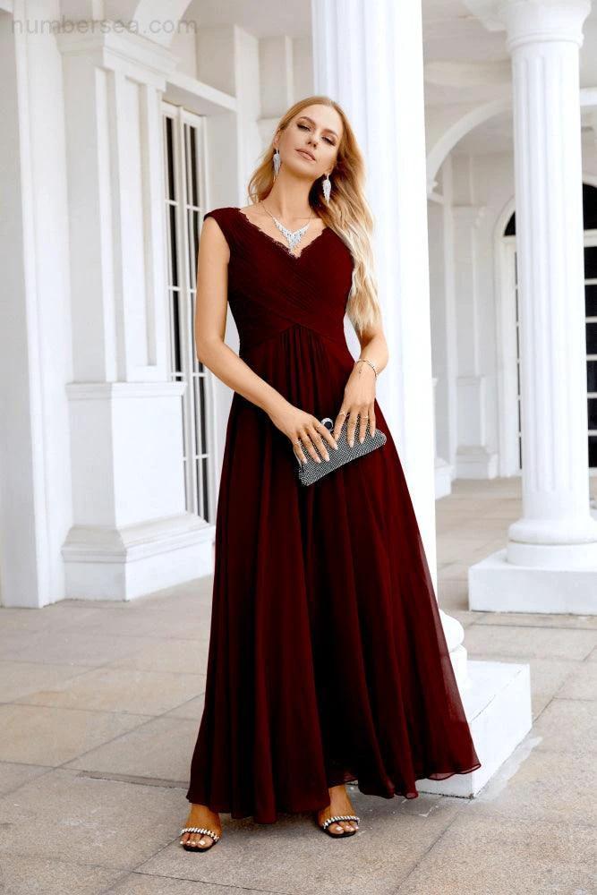 Ladies Chiffon V Neck Sleeveless Floor Length Bridesmaid Evening Dress Wedding Party Evening Dress 28126 (ZD16989)