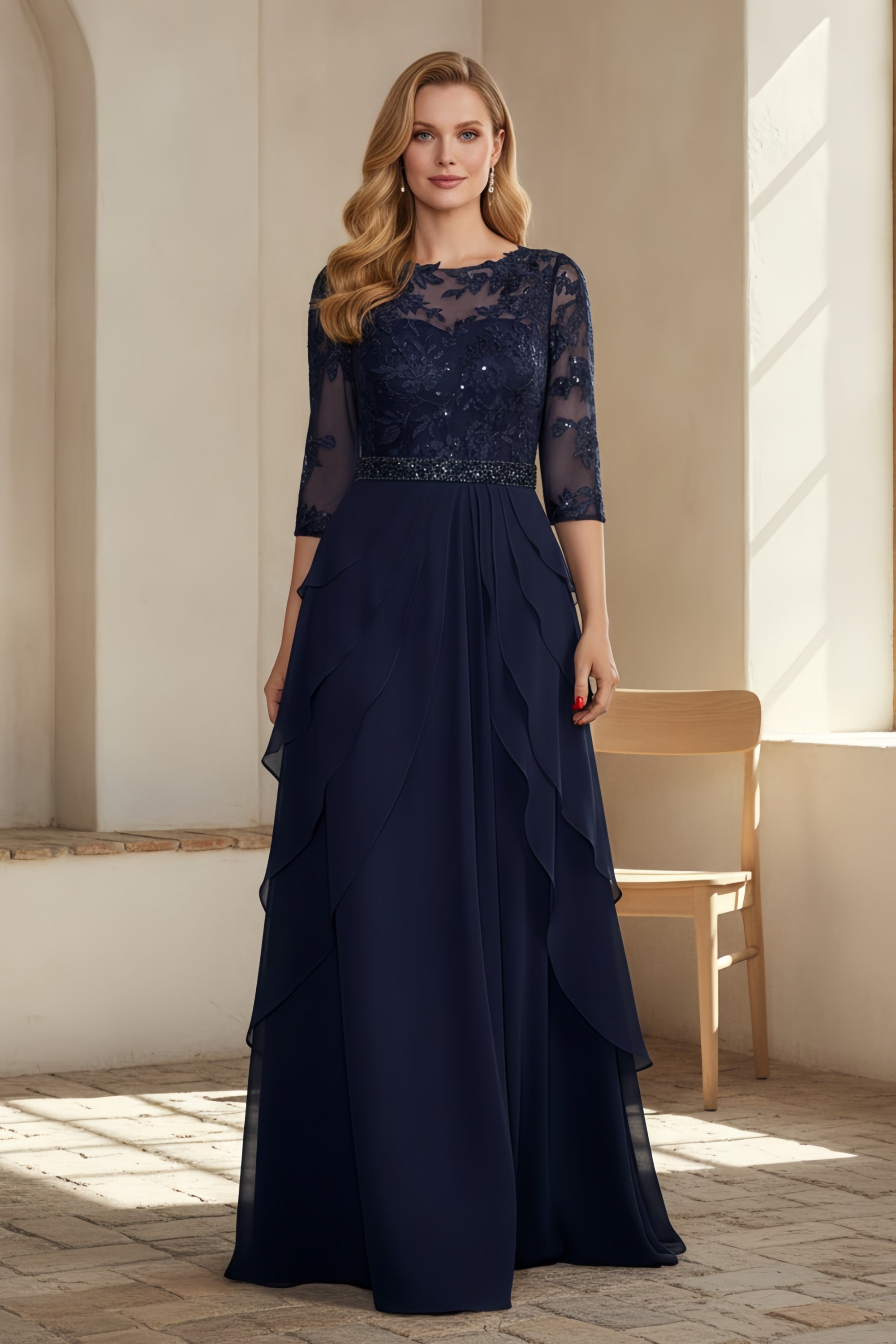 Elegant Lace Sequin Bodice Tiered Skirt Evening Gown