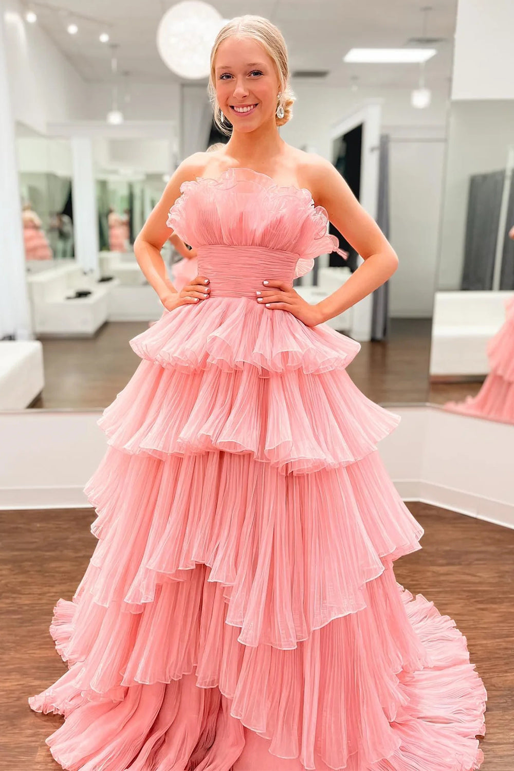 Beauty A Line Strapless Pink Long Prom Dress with Ruffles