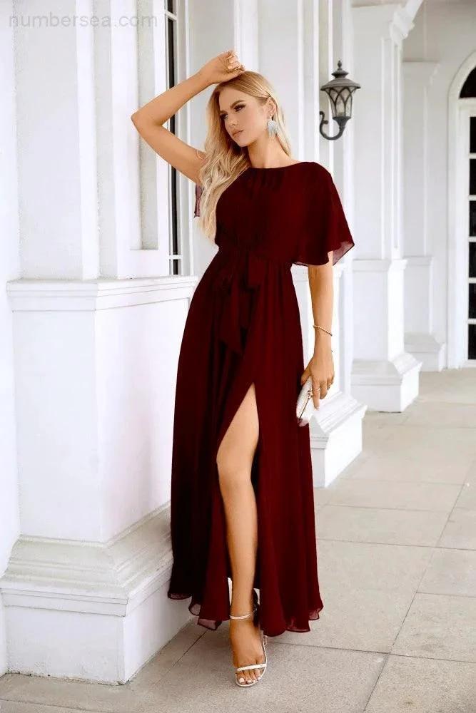 Ladies Chiffon Sleeve Crew Neck Front Slit Floor Length Bridesmaid Evening Dress Wedding Party Evening Dress 28124 (ZD17007)
