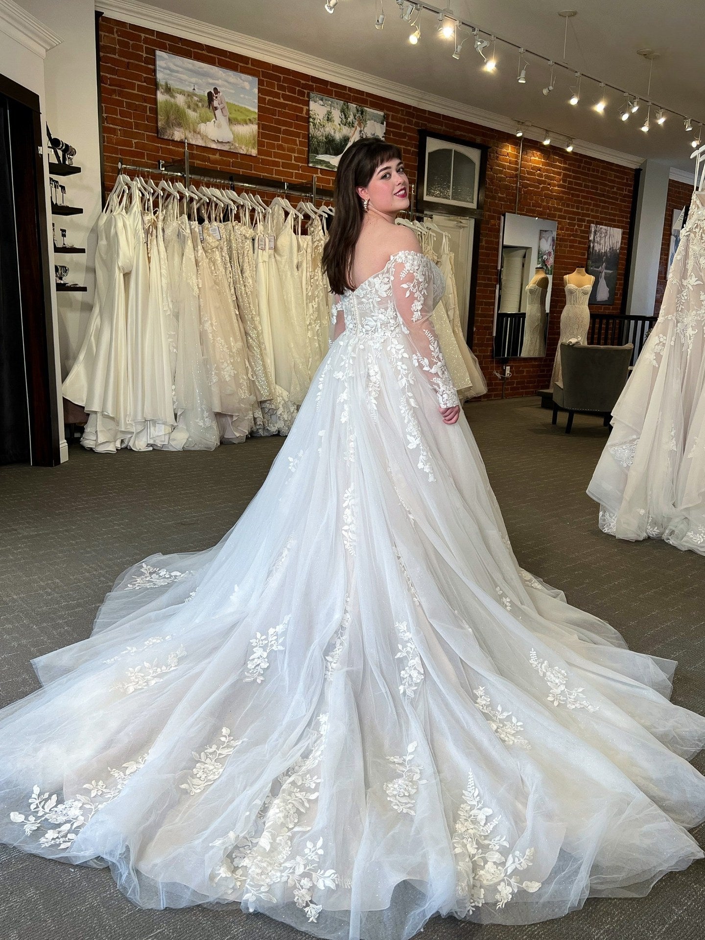 Off the Shoulder Long Sleeve Floral Tulle Bridal Ball Gown