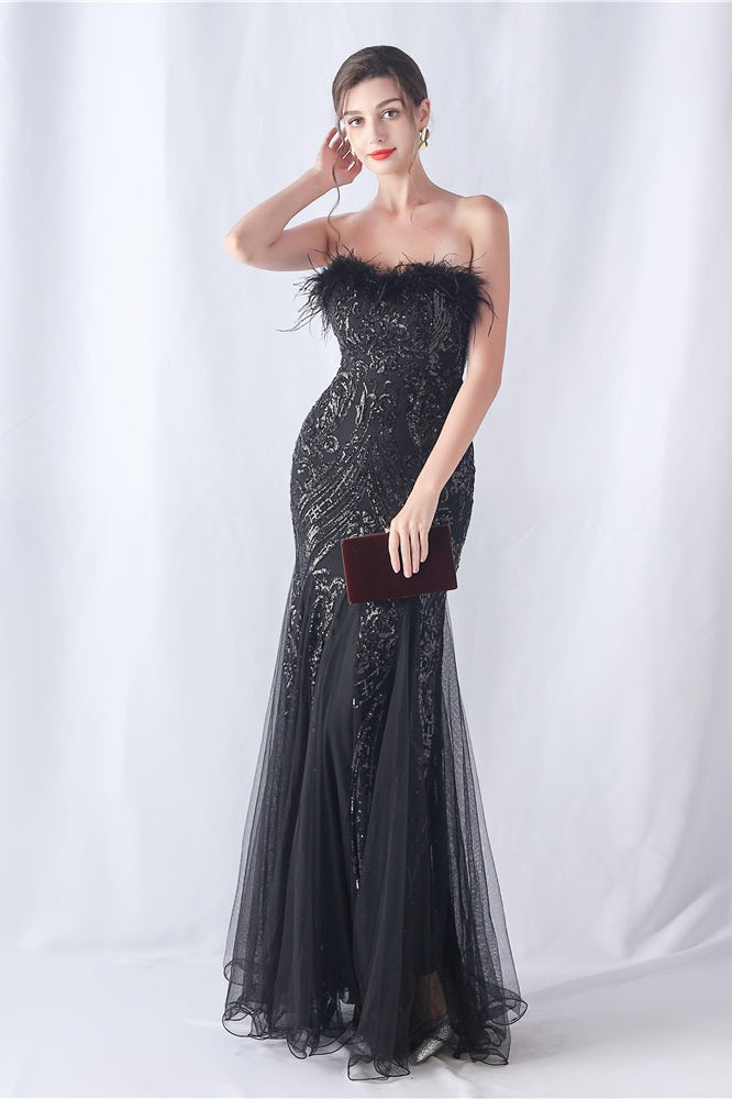 Ostrich Feather Sequin Evening Party Dress Black / S