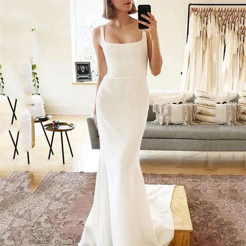 Spaghetti Strap Mermaid Wedding Dresses Women Square Neck Backless Simple Bridal Gowns Soft Stain Robe (ZD13384)