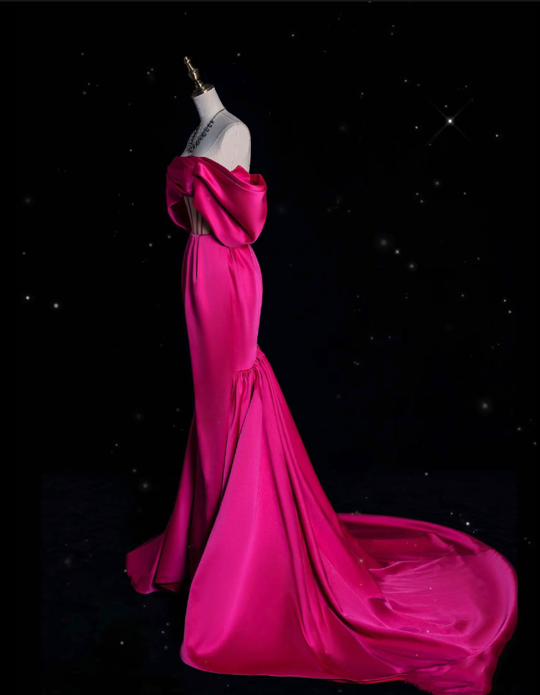Sexy Mermaid Off The Shoulder Neckline Satin Pink Long Prom Dresses Party Dress - View 5 | VelvetHem