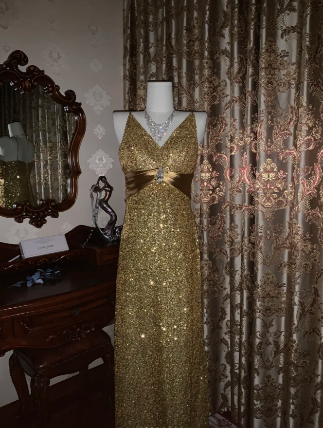Glitter V Neck Sequin Beaded Gold Mermaid Party Dress Long Evening Dress - View 4 | VelvetHem