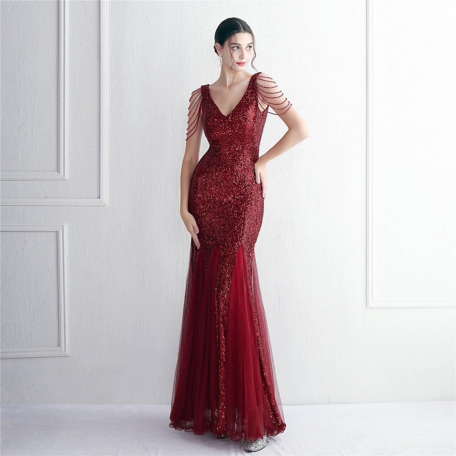 Sequin Mesh Craft Beaded Party Dress: Elegant Long Cocktail Slim Fit Evening Dress