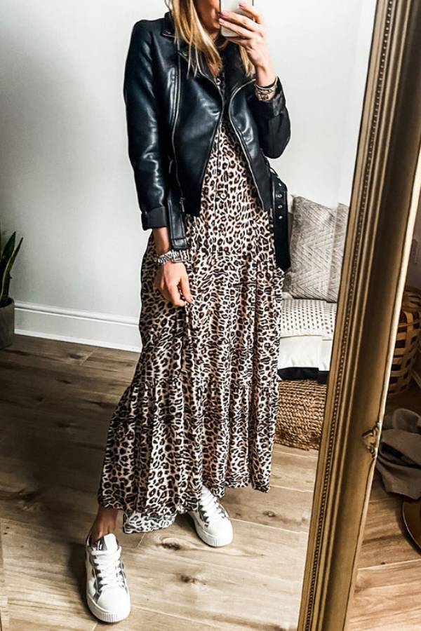 Avery Premium Apricot Tiered Leopard Print Maxi Dress with Wide Sleeves Chic Silhouette Collection
