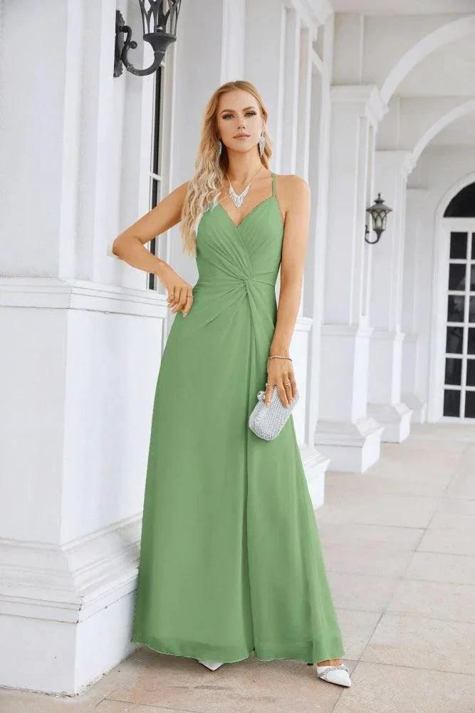 Ladies Chiffon Spaghetti Strap V Neck Front Slit Floor Length Bridesmaid Evening Dress Prom Party Wedding Evening Dress 28116 by numbersea