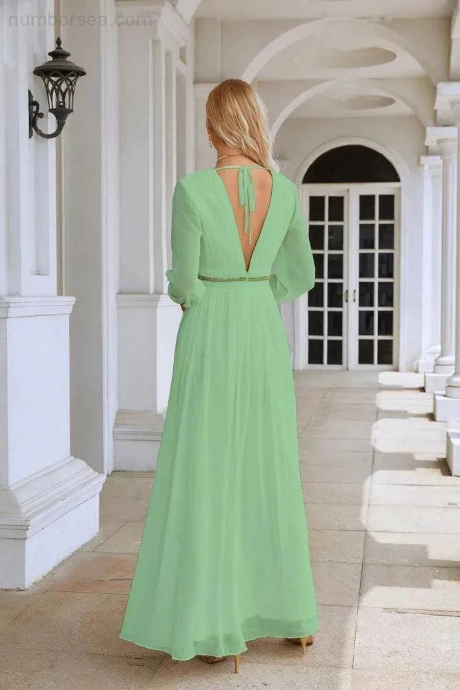 Ladies V Neck Chiffon Long Sleeve Front Slit Bridesmaid Evening Dress Wedding Party Shopping Evening Dress 28109 (ZD16991)