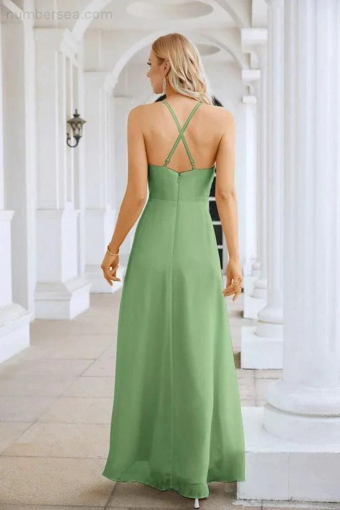 Ladies Chiffon Spaghetti Strap V Neck Front Slit Floor Length Bridesmaid Evening Dress Prom Party Wedding Evening Dress 28116 (ZD17012)