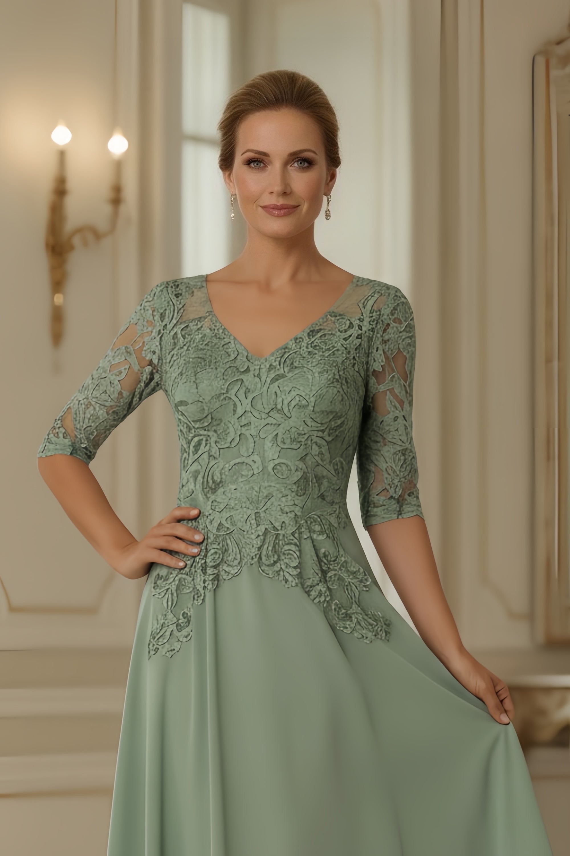 Elegant Floral Lace Applique A-Line Floor-Length Evening Gown