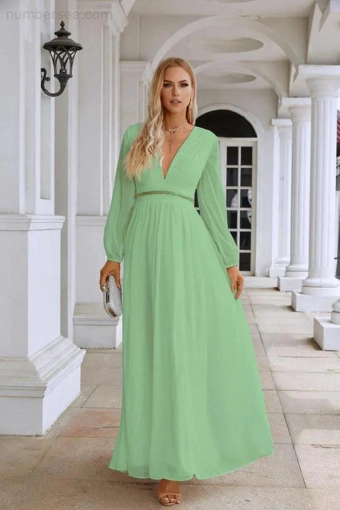 Ladies V Neck Chiffon Long Sleeve Front Slit Bridesmaid Evening Dress Wedding Party Shopping Evening Dress 28109 (ZD16991)