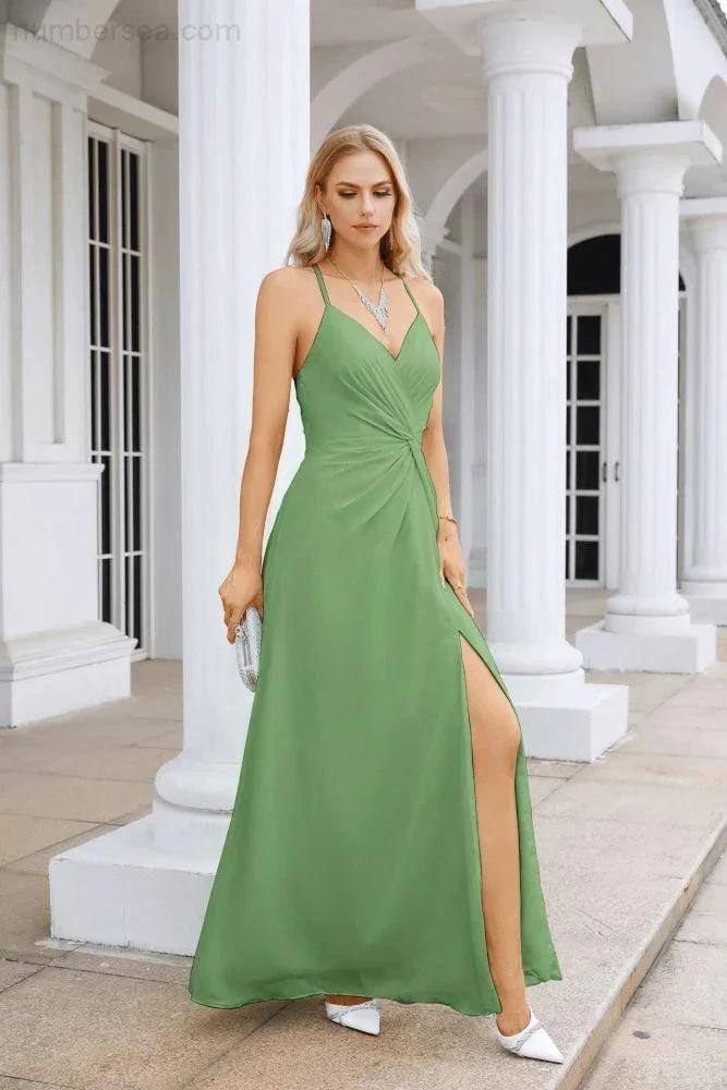 Ladies Chiffon Spaghetti Strap V Neck Front Slit Floor Length Bridesmaid Evening Dress Prom Party Wedding Evening Dress 28116 (ZD17012)