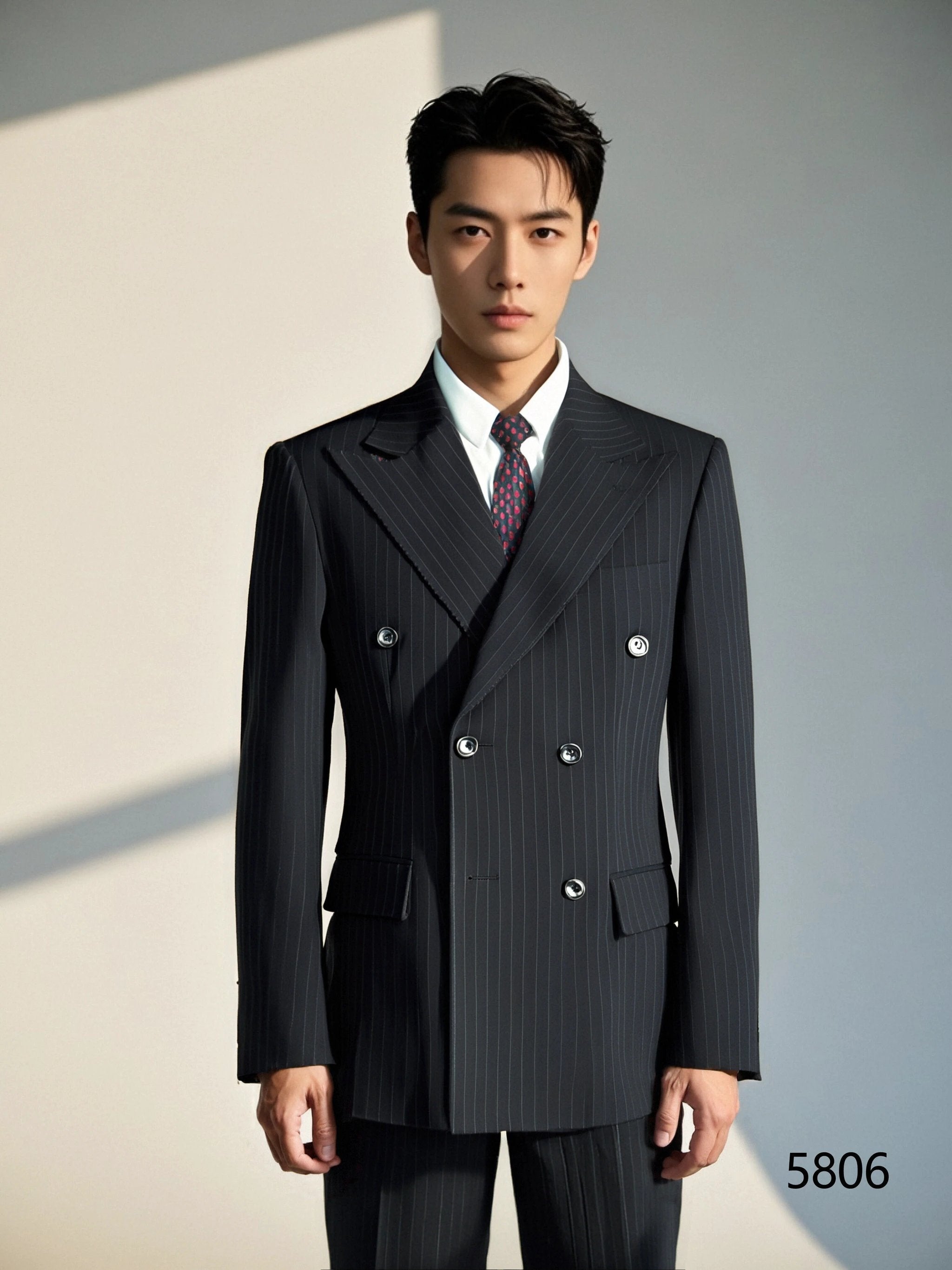 Black Pinstripe Double Breasted Wool Suit For Weddings Three Piece Groom Attire (ZD17118)