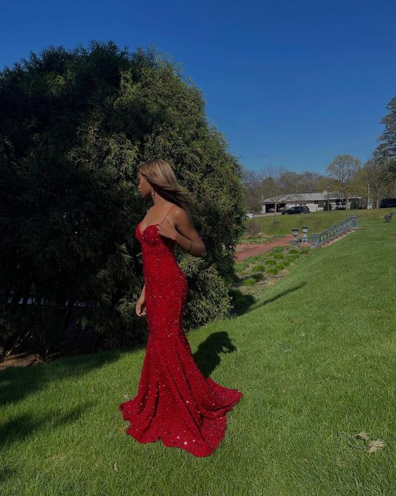 Red V-Neck Mermaid Long Prom Dress Evening Dress Y5959