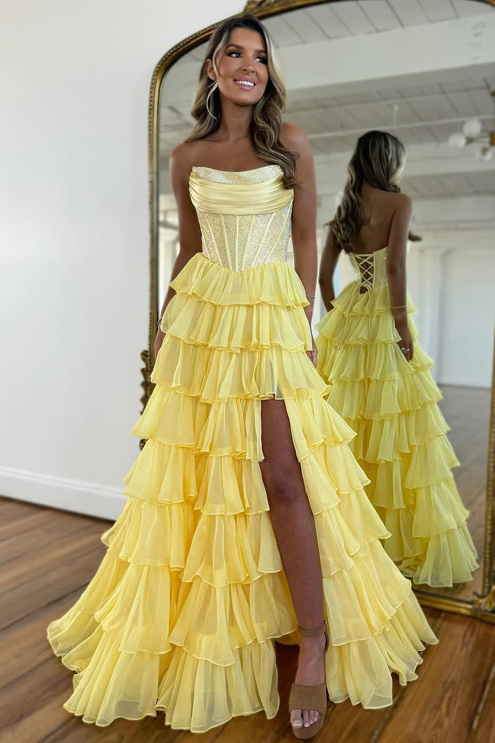 Stunning Strapless A-Line Sparkly Long Layered Chiffon Prom Dress With Slit - VelvetHem