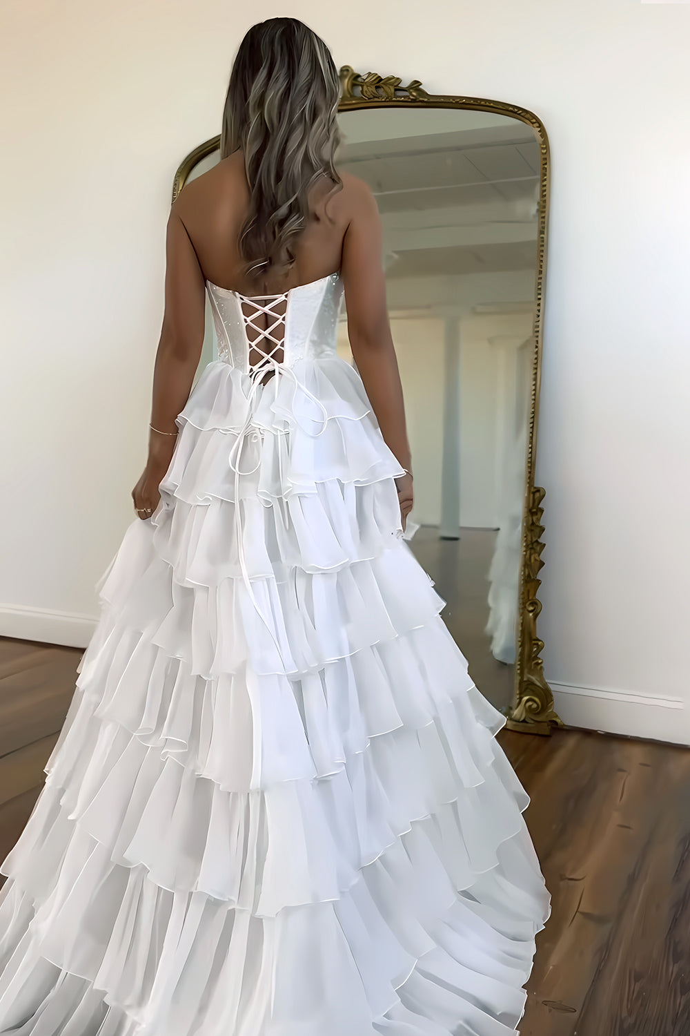 Stunning Strapless A-Line Sparkly Long Layered Chiffon Prom Dress With Slit - View 14 | VelvetHem