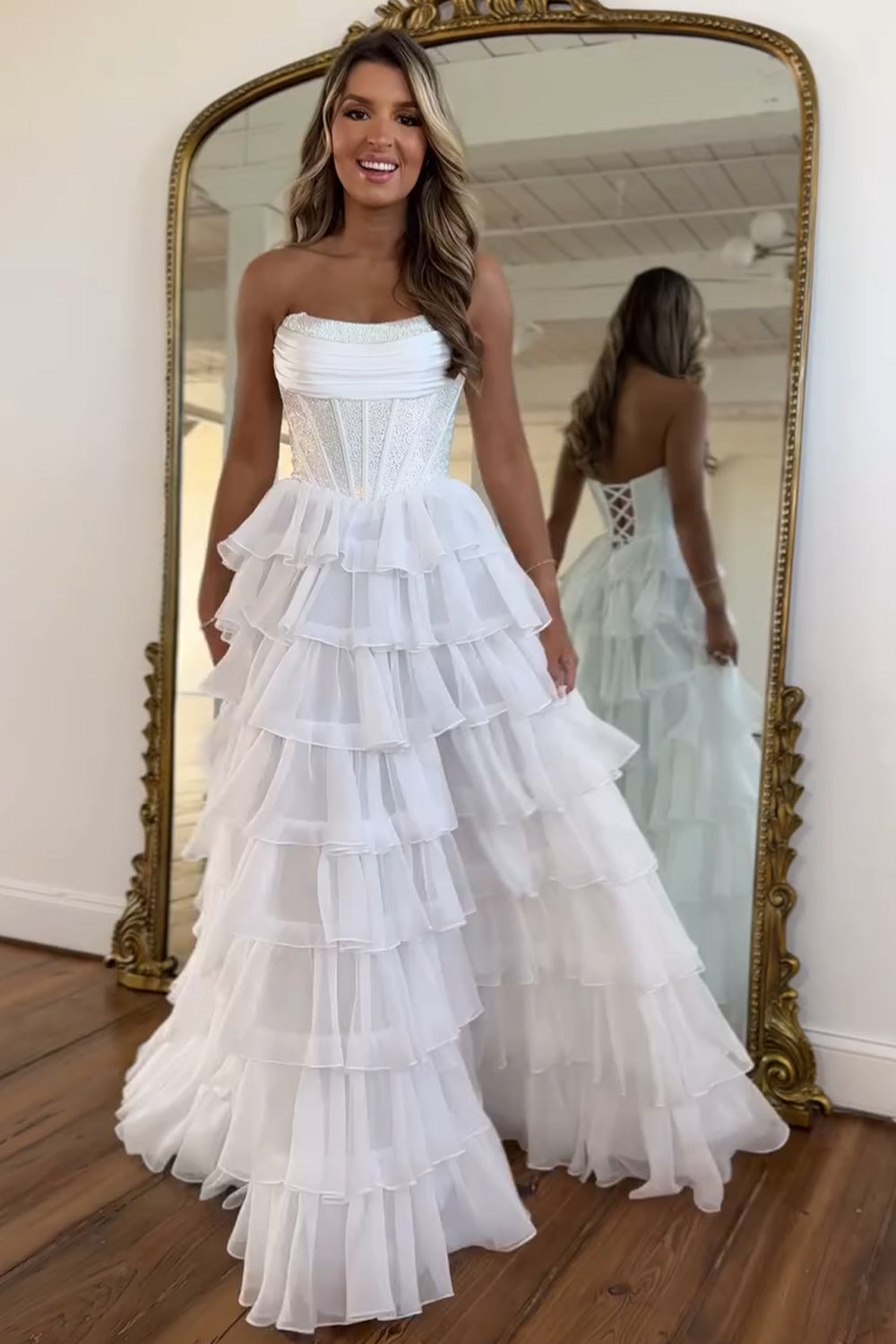 Stunning Strapless A-Line Sparkly Long Layered Chiffon Prom Dress With Slit - View 15 | VelvetHem