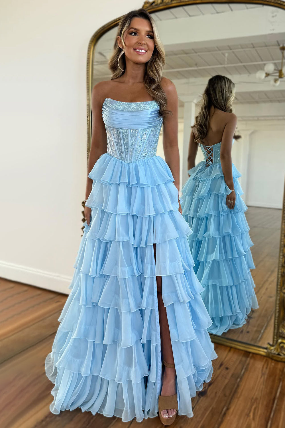 Stunning Strapless A-Line Sparkly Long Layered Chiffon Prom Dress With Slit - View 8 | VelvetHem