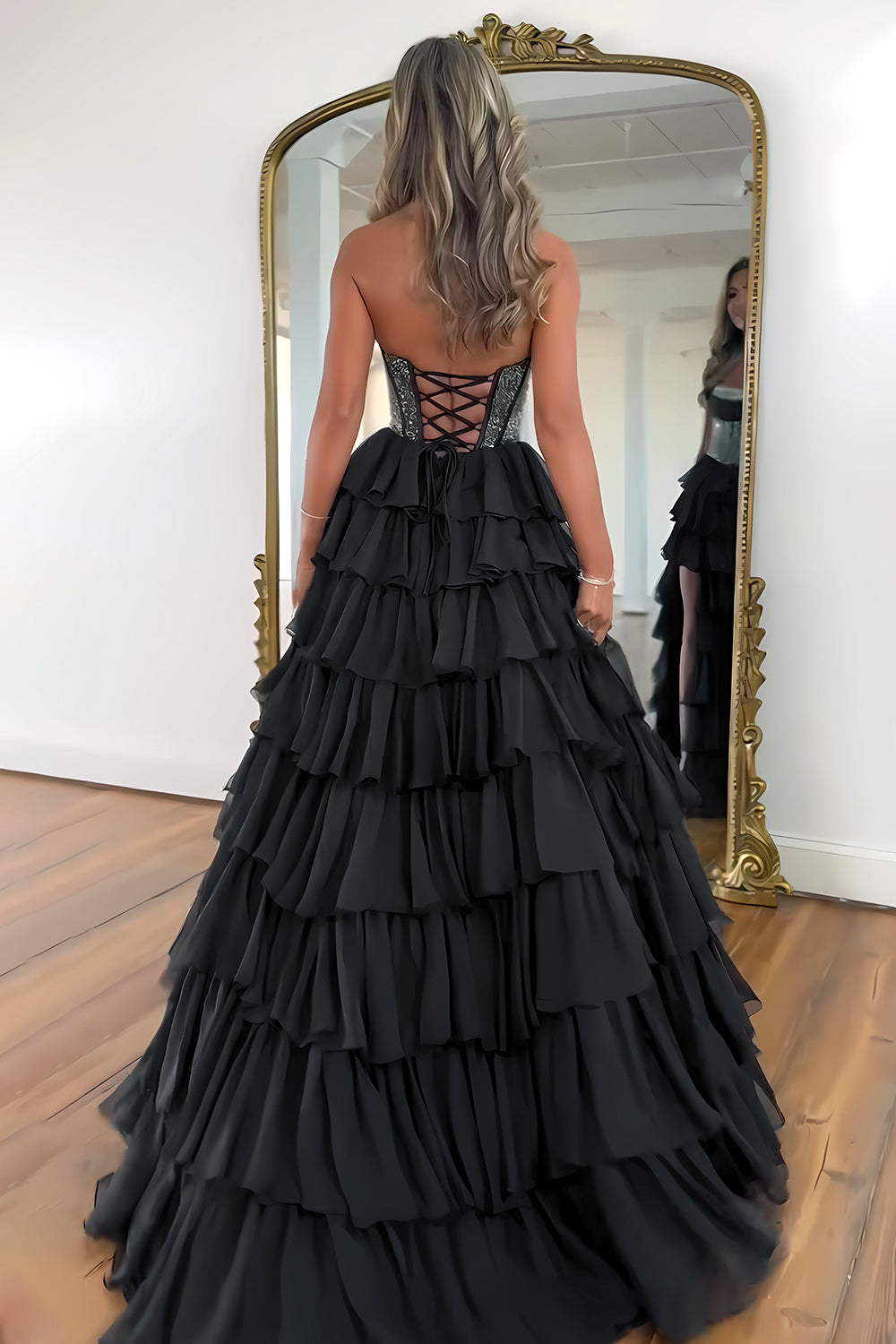 Stunning Strapless A-Line Sparkly Long Layered Chiffon Prom Dress With Slit - View 7 | VelvetHem