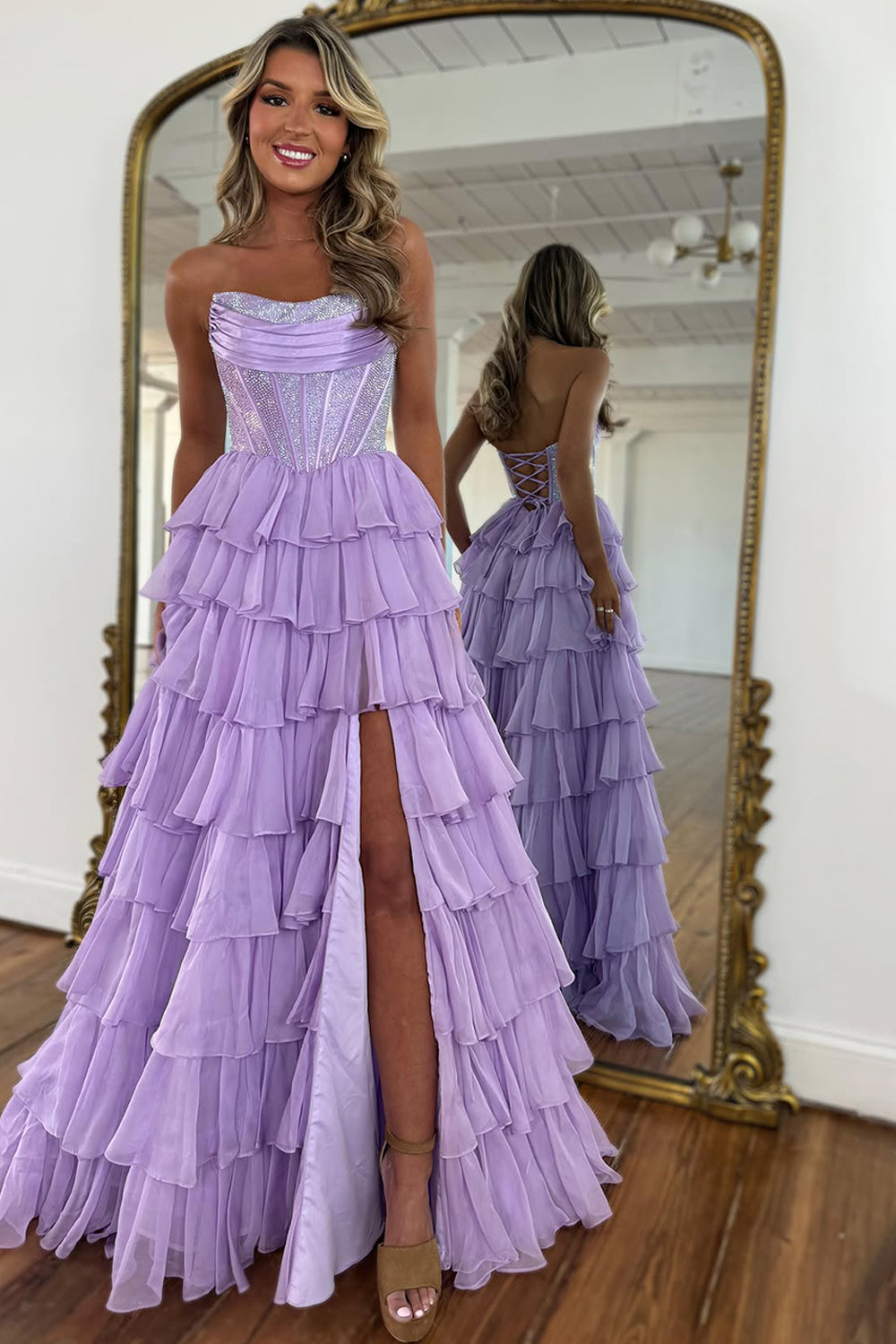 Stunning Strapless A-Line Sparkly Long Layered Chiffon Prom Dress With Slit - View 10 | VelvetHem
