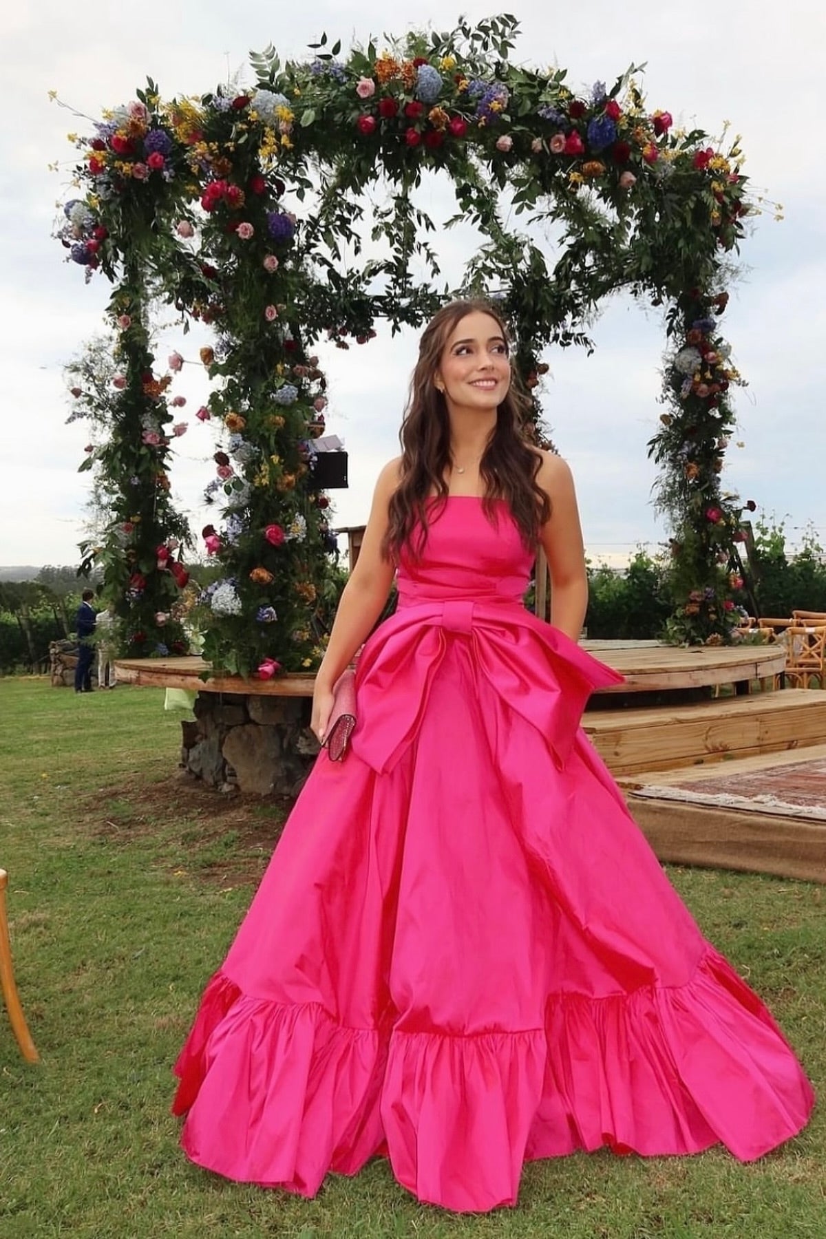 Sweety A Line Strapless Pink Long Party Dress with Bowknot - View 4 | VelvetHem