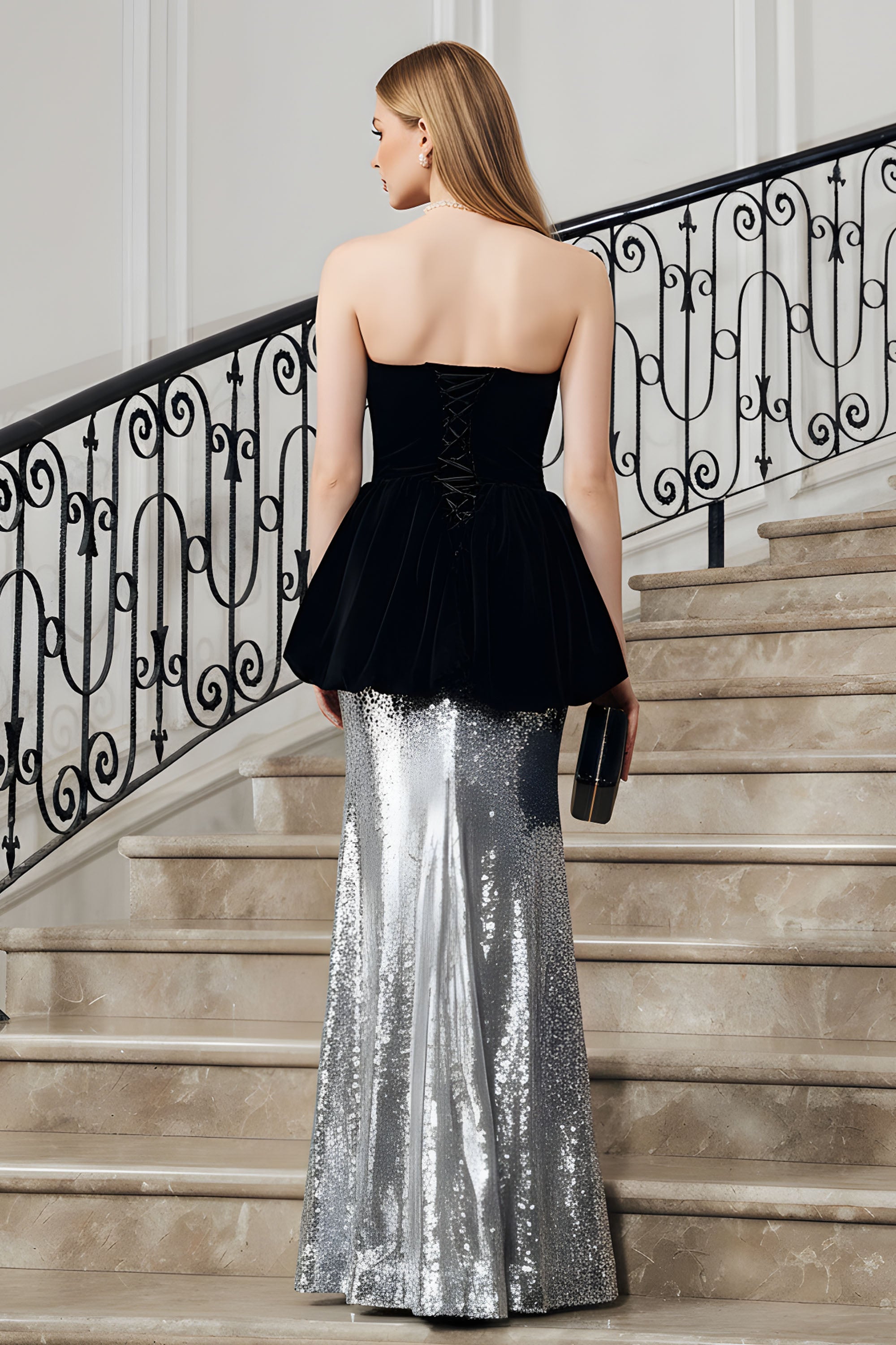 Chic Strapless Velvet Peplum Bodice Sequined Floor-Length Gown