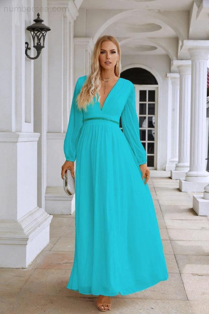 Ladies V Neck Chiffon Long Sleeve Front Slit Bridesmaid Evening Dress Wedding Party Shopping Evening Dress 28109 (ZD16991)