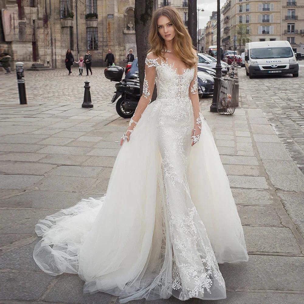 Luxury Wedding Dress 2023 Detachable 2 In 1 Mermaid Embroidered Lace On Net With O-neck Full Sleeve Back Button Vestido De Novia (ZD13499)