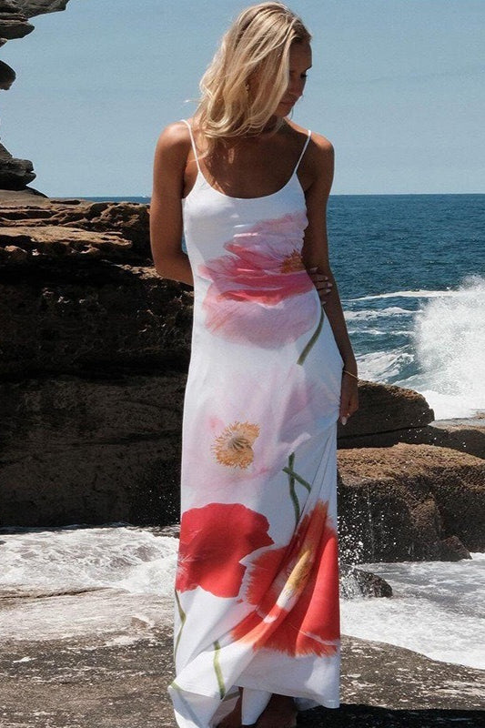 Floral U Neck Strap Backless Vacation Dress