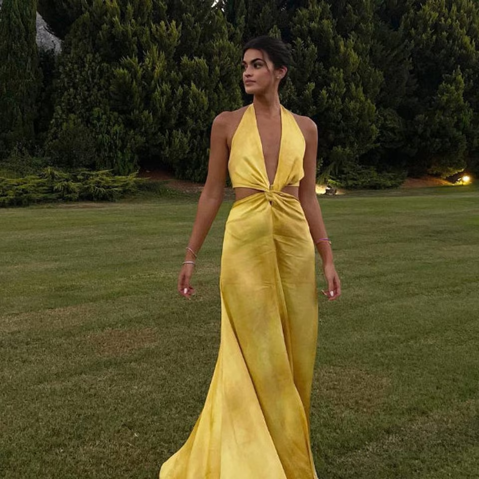 Pretty A line Halter Neckline Long Yellow Prom Dress Evening Dress Formal Dress - View 5 | VelvetHem