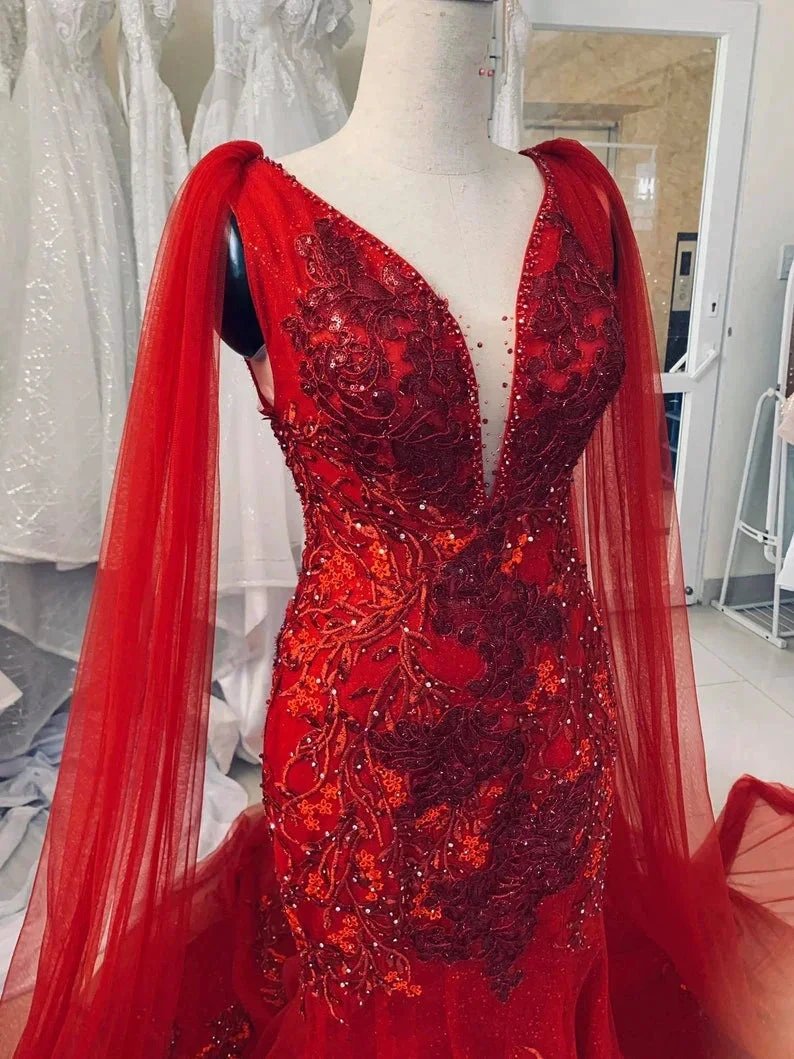 Unique Red Vintage Wedding Dress,Princess Bridal Gown Mermaid Prom Dress (ZD13609)