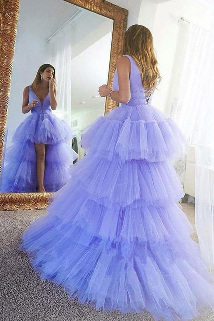 High Low V Neck Purple Tulle Long Prom Dress with Belt - View 2 | VelvetHem