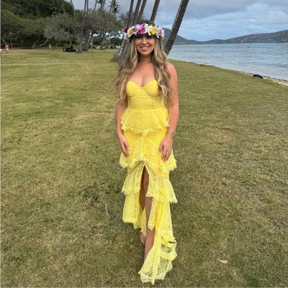 Sexy Yellow Lace Layered Slit Prom Dress Spaghetti Straps Long Party Evening Dress - VelvetHem