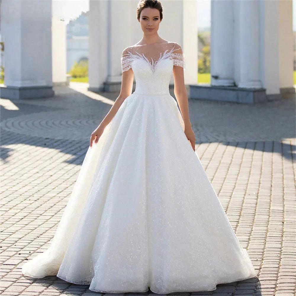 Charming Cap Sleeves Bridal Gowns 2024 Classic Lace A-Line Wedding Dress Backless O-Neck Vestidos De Novia Custome Made by payinti