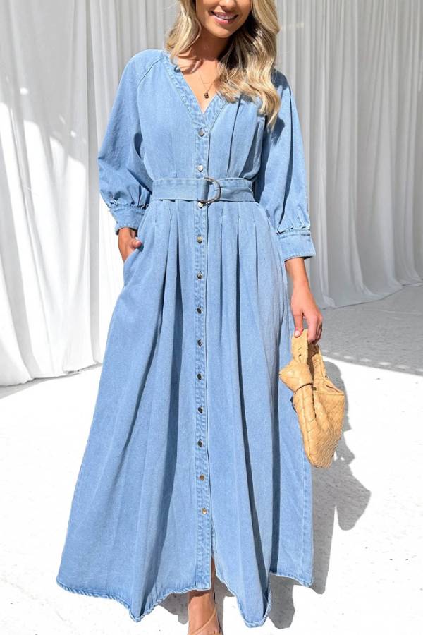 Sara Effortless Casual Denim Maxi Dress with Button Placket and Waist Premium Wardrobe Essential