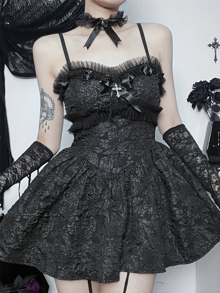 Corset A-Line Mini Black Rose Print Lace Patchwork Shirring Backless Slip Nightclub Dress - VelvetHem