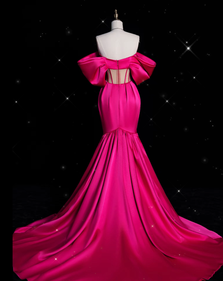 Sexy Mermaid Off The Shoulder Neckline Satin Pink Long Prom Dresses Party Dress - View 2 | VelvetHem