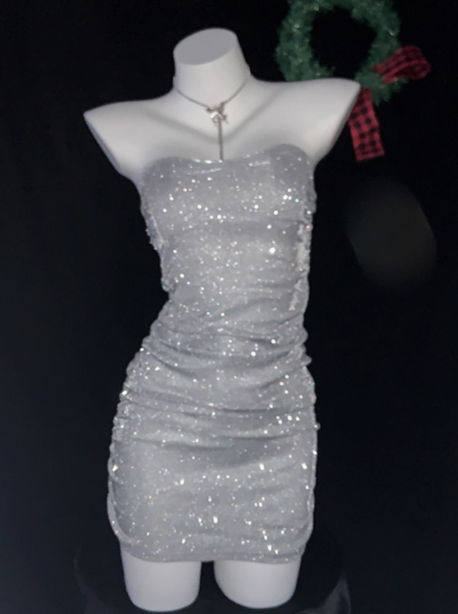 Glitter Silver Strapless Sheath Short Cocktail Dress Homecoming Dress