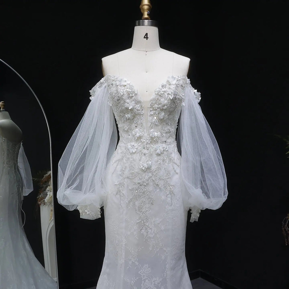 White  Off‑The‑Shoulder Puff Sleeve 3D Floral Mermaid Wedding Dress ZP005