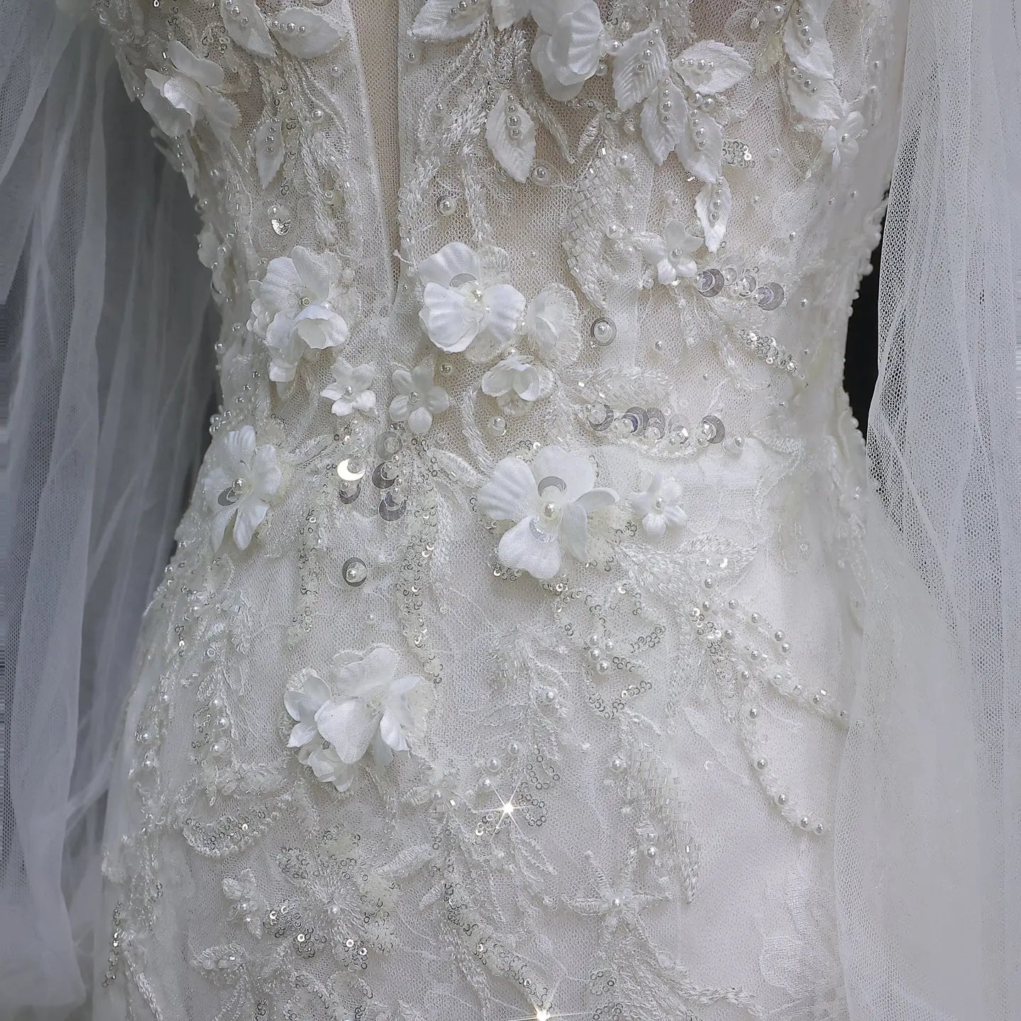 White  Off‑The‑Shoulder Puff Sleeve 3D Floral Mermaid Wedding Dress ZP005