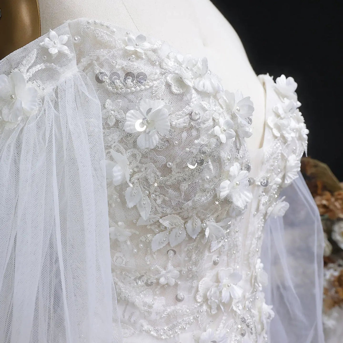 White  Off‑The‑Shoulder Puff Sleeve 3D Floral Mermaid Wedding Dress ZP005