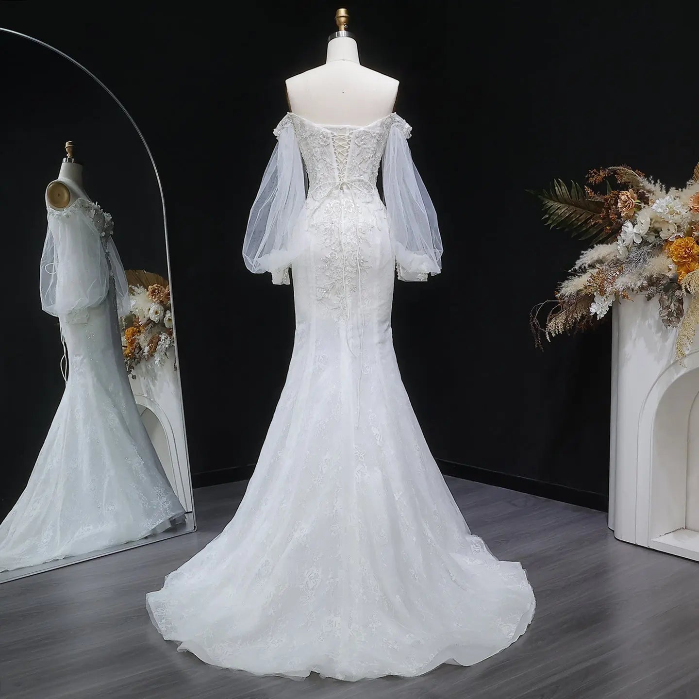White  Off‑The‑Shoulder Puff Sleeve 3D Floral Mermaid Wedding Dress ZP005