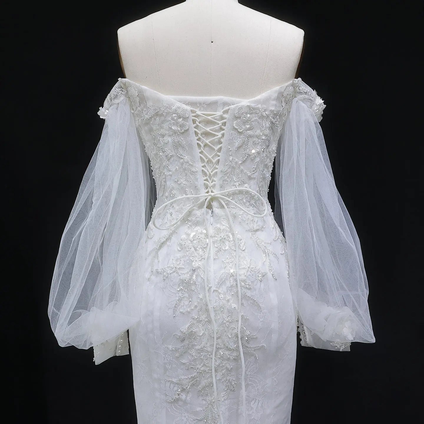 White  Off‑The‑Shoulder Puff Sleeve 3D Floral Mermaid Wedding Dress ZP005