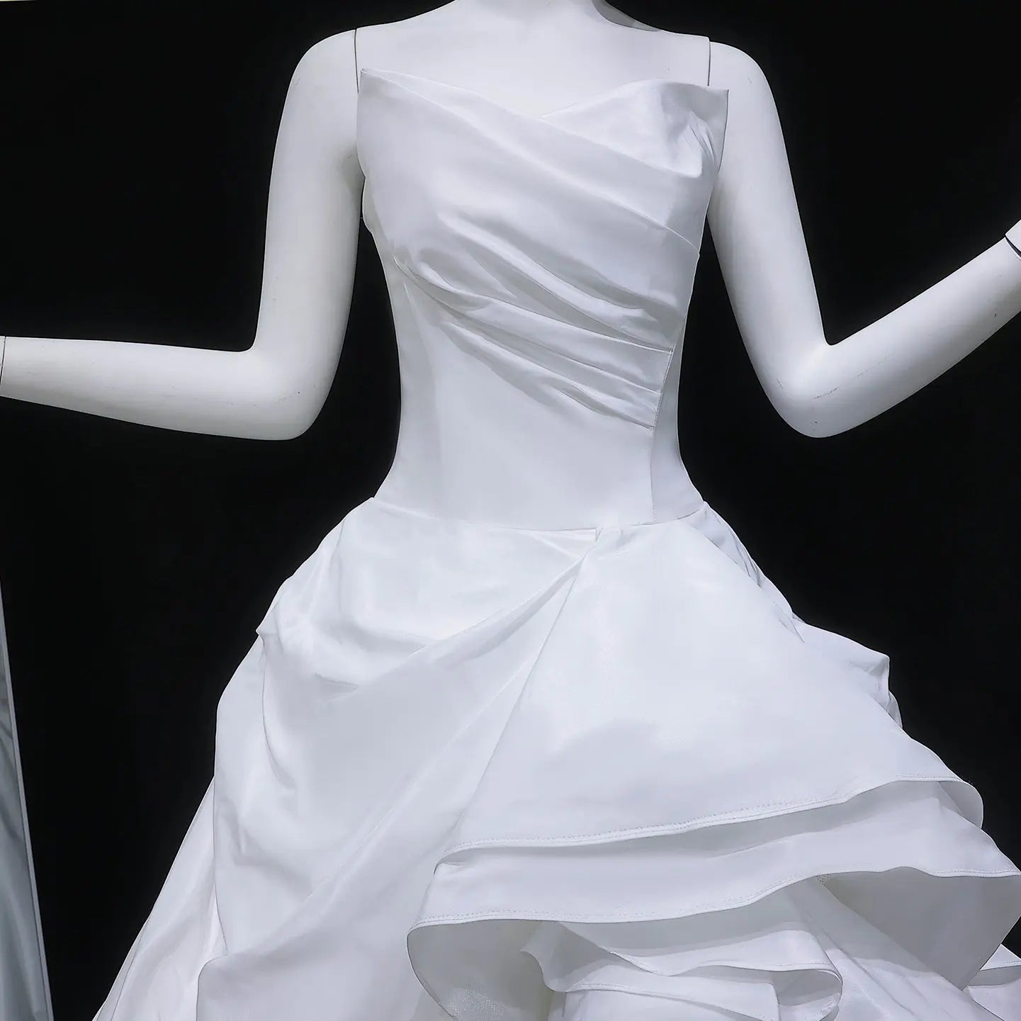 White Ruched Bodice Tiered Voluminous Satin Bridal Gown ZP210