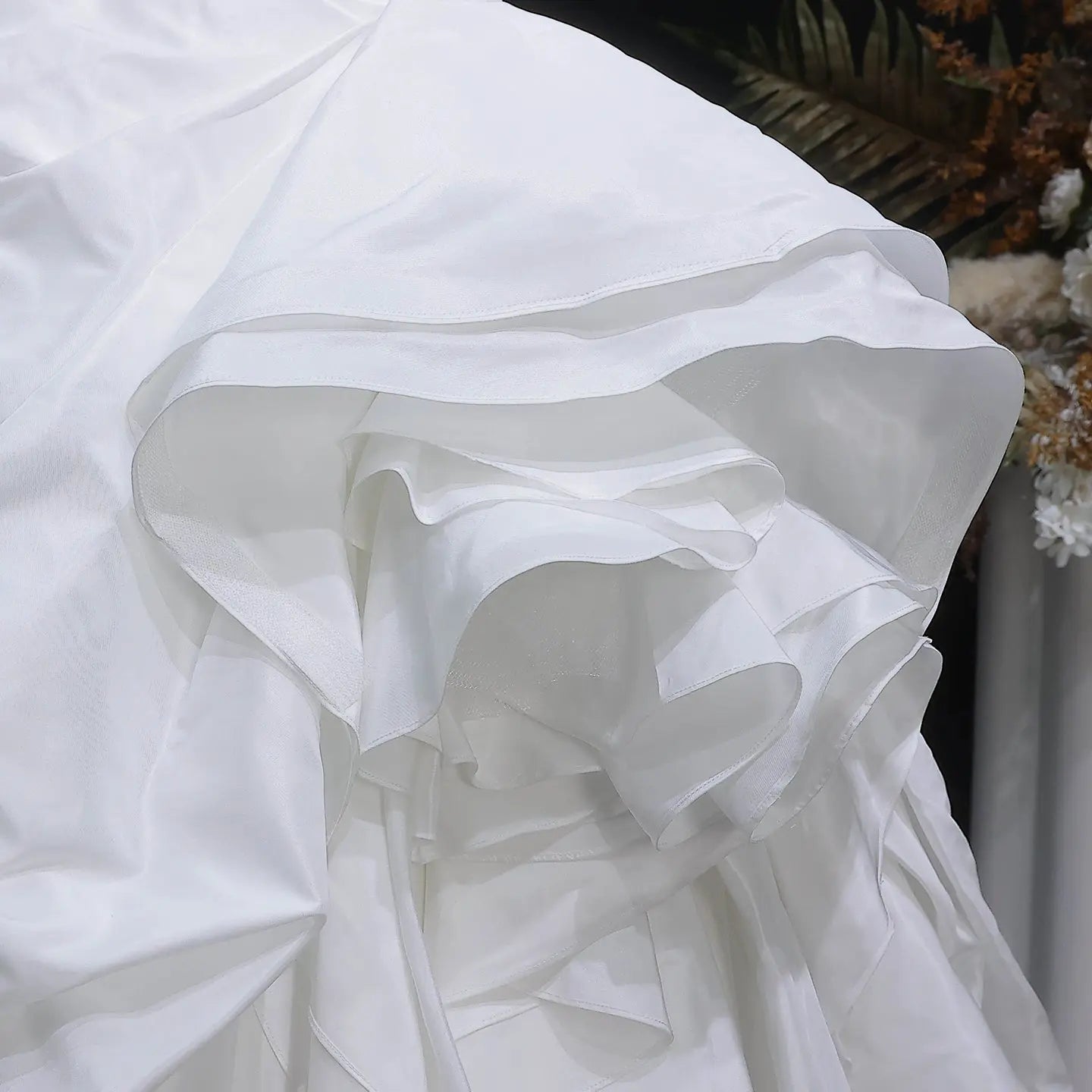 White Ruched Bodice Tiered Voluminous Satin Bridal Gown ZP210