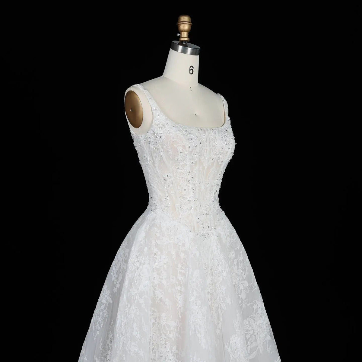 White Lace Spaghetti Strap Bridal Gown Square Neck Beaded Corset Ball Gown ZP012
