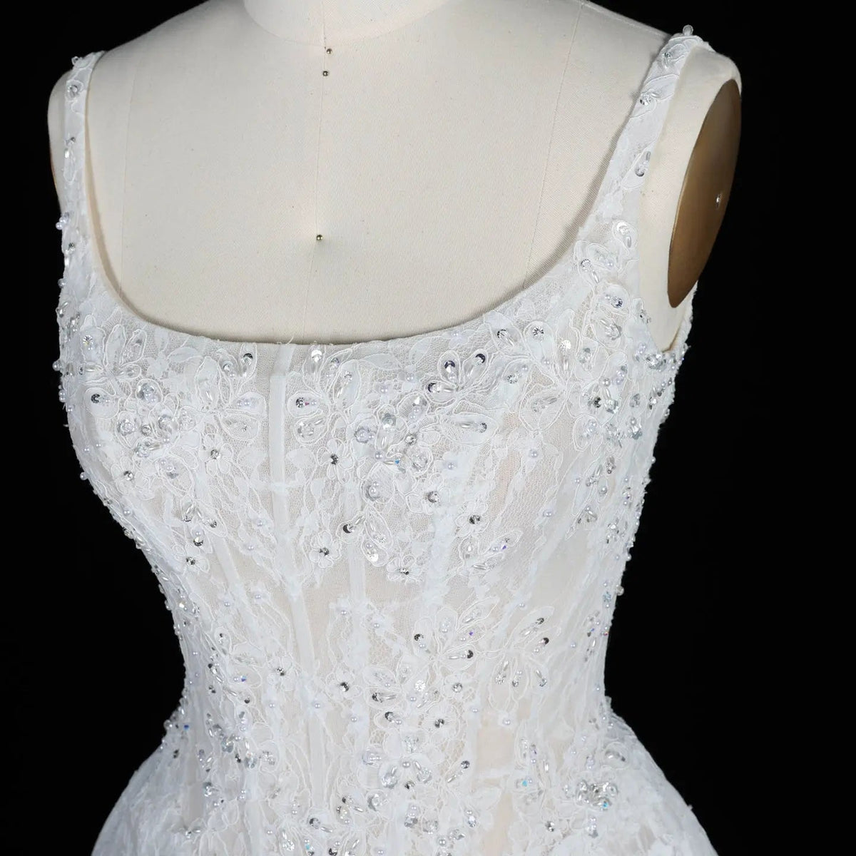 White Lace Spaghetti Strap Bridal Gown Square Neck Beaded Corset Ball Gown ZP012