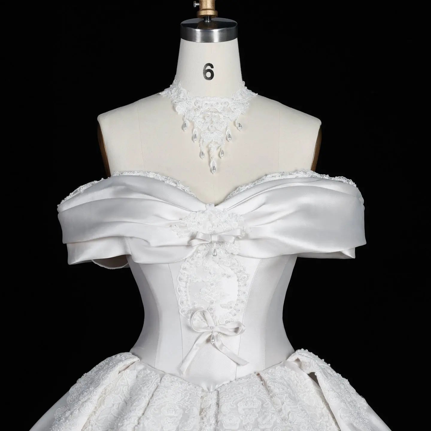 Off the Shoulder White Satin Ball Gown Wedding Dress with Long Cathedral Train ZP017