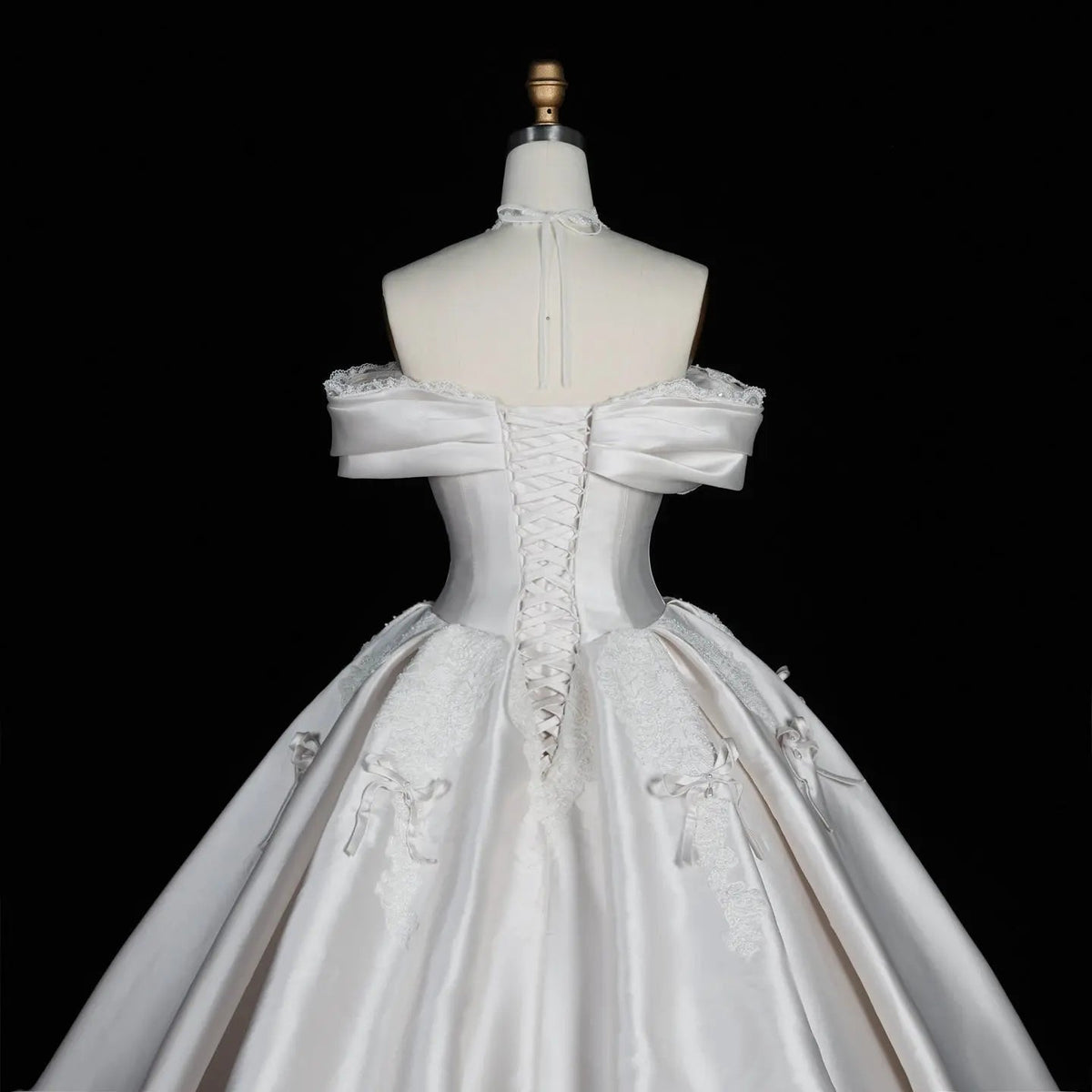 Off the Shoulder White Satin Ball Gown Wedding Dress with Long Cathedral Train ZP017